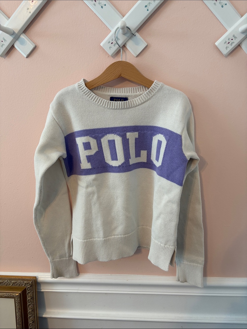 Polo Ralph Lauren Cream Crewneck Sweater with Purple Chest Panel Size 8-10